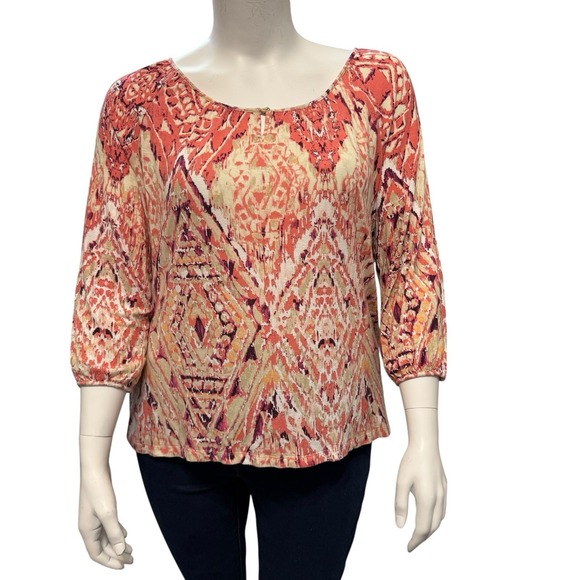 CHICO'S Size 3 US XL Boho Peasant Top Aztec Print Soft Stretchy Knit‎ Shirt - Picture 1 of 7